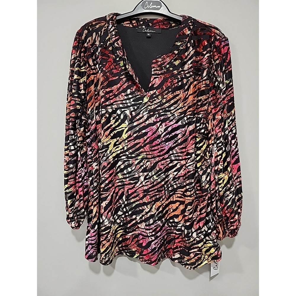 Calessa NWT Blouse Tunic Womens‎ XL Zebra Print Multicolor Long Sleeve V Neck - Picture 2 of 9